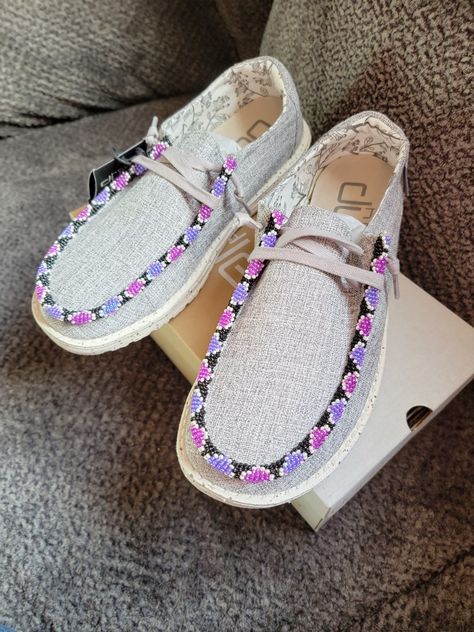 Custom beaded hey dudes. One of a kind 💜💖 Beaded Hey Dudes Diy, How To Put Beads On Hey Dudes, Beaded Hey Dude Shoes, Hey Dude Shoes Women Beaded, Cute Country Hey Dudes, Beaded Hey Dudes, Hey Dudes Leather Work, Cute Hey Dudes, Hay Dudes