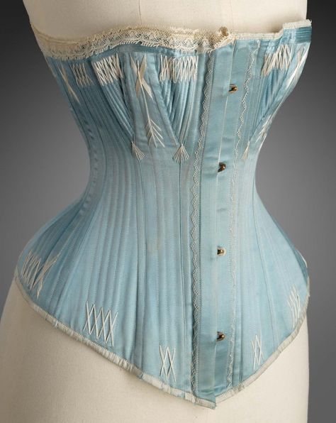 Historical Corsets Fashion History Timeline, Edwardian Corsets, 1870s Fashion, 1880s Fashion, Victorian Corset, Museum Of Fine Arts Boston, Corset Pattern, Blue Corset, 19th Century Fashion