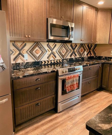 Jordan Fry, Western House Ideas, Rustic Ranch Home, Aztec Kitchen, Western Kitchen Decor, Rustic Backsplash, Custom Backsplash, Ranch House Decor, Western Rooms