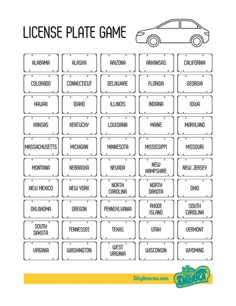 Free License Plate Game Printable, License Plate Bingo, State License Plate Game Free Printable, Road Trip License Plate Printable, Road Trip Bingo Adults, Are We There Yet Road Trip, License Plate Game Printable Free Prints, Free Printable Road Trip Games, Road Trip Bingo Printable Free Prints