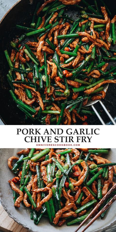 Stir Fry With Pork, How To Cook Garlic, Chives Recipe, Garlic Scapes, Green Garlic, Chinese Recipe, Pork Stir Fry, Weekday Dinner, Garlic Chives