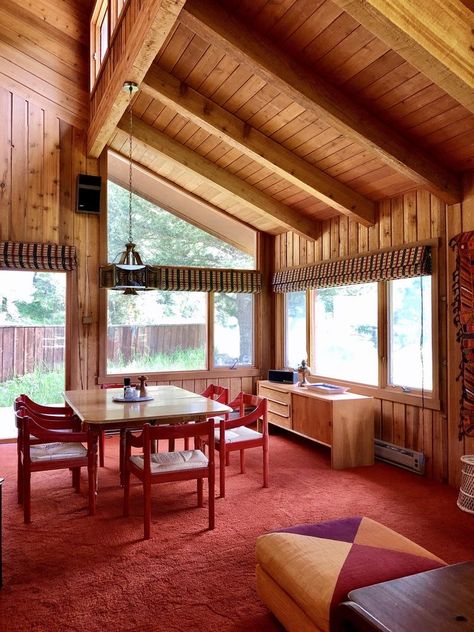 French Farmhouse Style Bedroom, 70s Wood Paneling Bedroom, 70s Lake House, 70s Cabin Aesthetic, 60s Cabin, Funky Cabin, Mcm Cabin, 1970s Cabin, Mid Century Modern Cabin