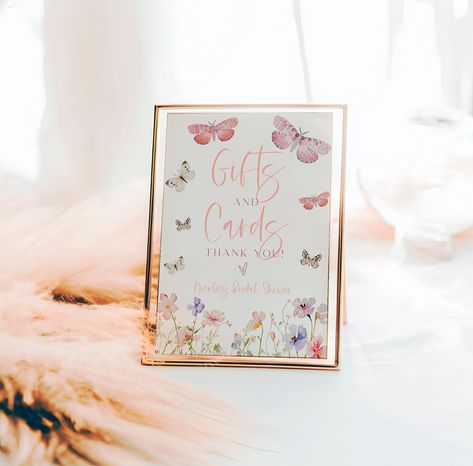 Enhance your bridal shower with this beautiful butterfly-themed "Gifts and Cards" sign! 🌸 This digital template features charming pink and pastel butterflies and a delicate floral design, perfect for adding a touch of elegance to your event. Easily editable using Templett.com, you can personalize this sign right in your web browser--no software needed! Available in 8x10 and 5x7 sizes, this instant download is ideal for printing at home. Make your bridal shower memorable and organized with this Butterfly Bridal Shower Ideas Decoration, Lifetime Of Butterflies, Bridal Shower Brunch Decorations, Brunch Decorations, Butterfly Sign, Cards And Gifts Sign, Bridal Shower Sign, Pastel Butterflies, Bridal Shower Flowers