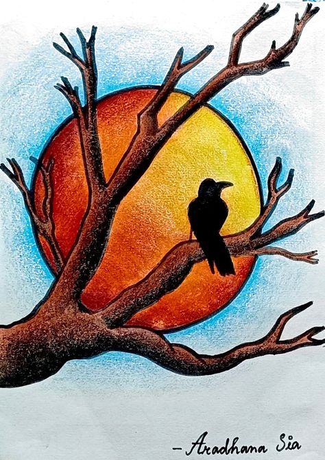 Colourful Scenery Drawing, Poster Colour Drawing Easy, Drawing For Class 1 Kids, Birds Drawing Easy For Kids, Easy Pencil Colour Drawings, Some Easy Drawings, Bird Sunset, Cartoon Drawing For Kids, Drawing Pictures For Kids