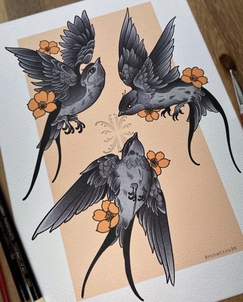 Sketches Traditional, Bird Tattoo Sleeves, Swallow Tattoo Design, Neo Tattoo, Tattoo Bird, Dad Tattoo, Sparrow Tattoo, Traditional Style Tattoo, Traditional Tattoo Sleeve