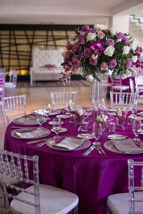 Magenta Wedding Decorations, Viva Magenta Wedding, Acrylic Chairs, Magenta Wedding, Candelabra Centerpiece, Purple Wedding Theme, Viva Magenta, Wedding Table Decorations, Lavender Wedding