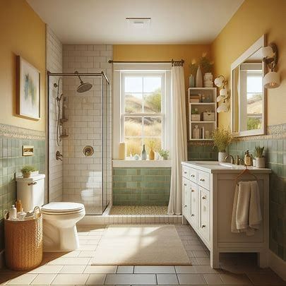 small bathroom with white double vanity, yellow walls, earthtone tile, green tile backsplash, walk-in shower, and a window - Image Creator from Microsoft Designer Cute Yellow Bathroom, Teal And Yellow Bathroom, Pastel Yellow Bathroom, Green And Yellow Bathroom, Yellow Tile Bathroom Ideas, Yellow Tile Bathroom, Vintage Yellow Bathroom, Green Tile Backsplash, White Double Vanity