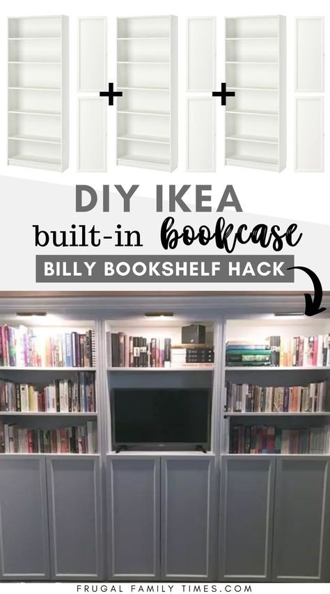 This step-by-step tutorial makes making wall-to-wall bookshelves easy. This IKEA Billy Bookcase Built turned out beautifully. We used the Oxberg doors for hidden storage underneath. Also brass library lights. Another great IKEA hack! We might be addicts now. Wall To Wall Bookshelves, Bookshelf Ikea, Billy Bookcase With Doors, Bookcase Hack, Billy Ikea, Ikea Built In, Best Ikea Hacks, Ikea Desk Hack, Billy Bookcase Hack