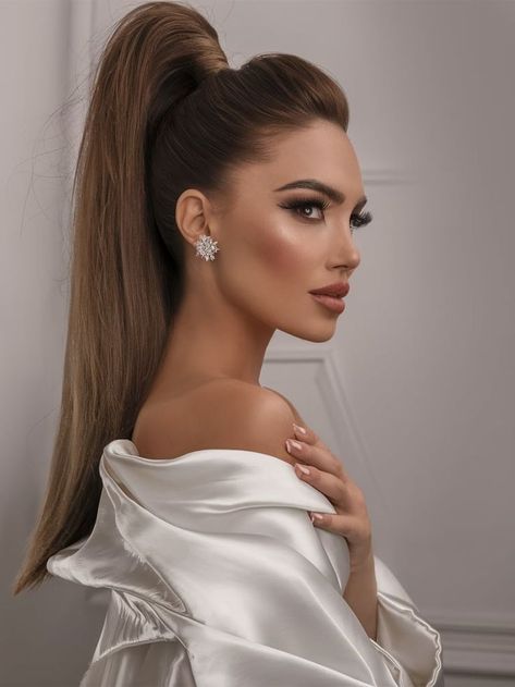 A glamorous high ponytail with smooth, sleek sides and voluminous length. The hair is pulled back tightly at the crown, giving the face a lifted appearance, while the cascading ponytail adds drama and elegance. Perfect for formal events or red carpet occasions. Glam High Ponytail, Formal Hair Ponytail, Sleek High Ponytail, High Pony Wedding Hair, High Ponytails, Winter Hairstyles, The Crown, Formal Event, Red Carpet