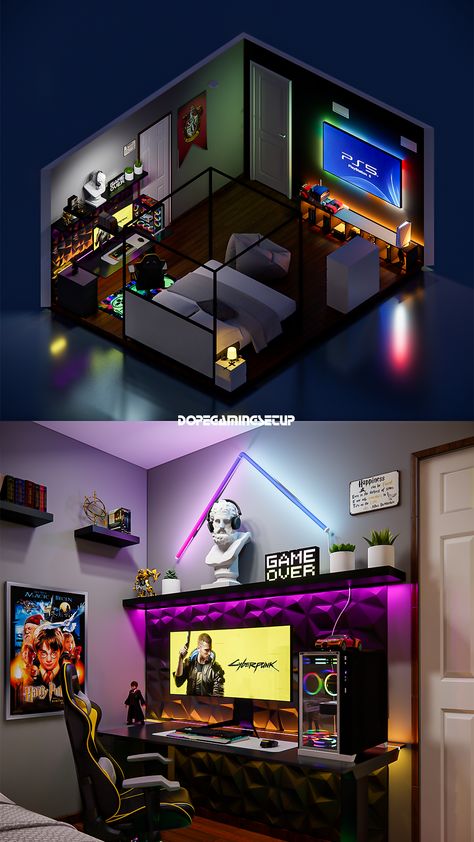 This RGB bedroom designed for @henry_j__ with some Harry Potter accessories in a budget of 1.8K USD Size of room : 5x4 meters Ideas For Gaming Room, Budget Gaming Room, Bedroom With Gaming Setup, Rgb Bedroom, Gamer Room Ideas, Nerd Bedroom, Gaming Room Setup Bedrooms, Small Gaming Room Ideas, Gamer Bedroom Ideas