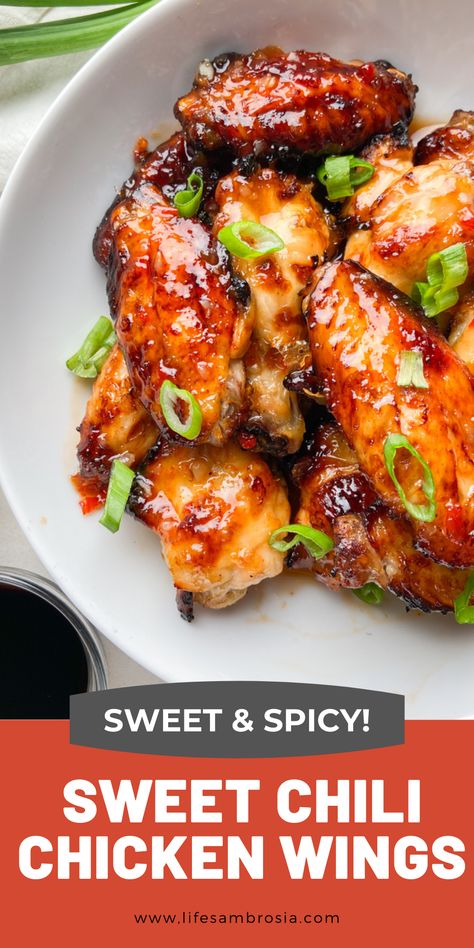 Sweet and spicy! These baked chicken wings are the best of both worlds. Adjust the heat to your level and don't forget the napkins! Sweet Heat Chicken Wings, Sweet Heat Wing Sauce, Sweet Chili Wing Sauce, Sweet Chili Wings Recipe, Sweet And Spicy Chicken Wings, Sweet Chili Sauce Chicken, Chili Chicken Wings, Sweet Chili Chicken Wings, Sweet Chili Wings