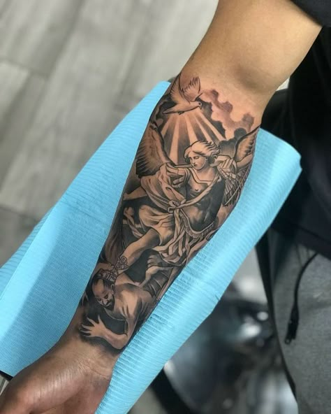 Saint Tattoo, Arm Tattoos Black, Tattoos To Cover Scars, Realistic Tattoo Sleeve, Forarm Tattoos, Men Tattoos, Tattoo Inspiration Men, Forearm Sleeve Tattoos, Religious Tattoo