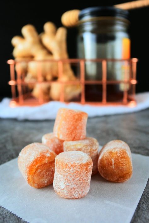 Honey-Ginger Chews (Homemade Gin-Gins) - Kitrusy Diy Ginger Chews, Homemade Ginger Chews, Ginger Gems, Ginger Chews Recipe, Pregnancy Drinks, Ginger For Nausea, Homemade Gin, Ginger Candy, Ginger Chews