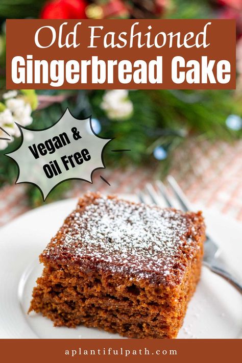 This old fashioned Vegan Gingerbread cake is perfect for the holiday season. It's moist, fluffy, and warmly seasoned with gingerbread spice. Easy to make, whole grain, and oil-free! Old Fashioned Gingerbread Cake, Old Fashioned Gingerbread, Gingerbread Cake Recipe, Gingerbread Spice, Oil Free Vegan Recipes, Vegan Gingerbread, Plant Based Desserts, Vegan Christmas Recipes, Ginger Cake