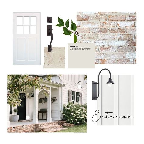 This week I’m sharing the moodboards for a gorgeous new family home in the making! The exterior is the most charming blend of Colonial/Hamptons with a touch of old world cottage charm - beautiful reclaimed brick teamed with board and batten cladding, and stunning front porch. Such a dream! ⠀⠀⠀⠀⠀⠀⠀⠀⠀ The interior leans slightly more minimalist with traditional touches here and there, beautiful natural stones and the use of walnut and bronze accents. I can’t wait to share the renders! :) ⠀⠀⠀⠀⠀⠀... Board And Batten Cottage Exterior, Hamptons Cottage Exterior, Rendered Cottage, Reclaimed Brick House, White Brick Cottage, Brick And Board And Batten Exterior, Old World Cottage, Board And Batten Cladding, Scandi Cottage