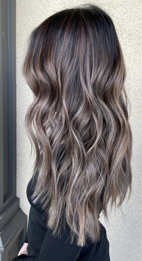 Dimensional Brunette Ashy Dark, Dark With Ash Blonde Balayage, Ashy Burnett, Dark Brown Base With Ash Blonde Balayage, Dark Hair With Blonde Babylights, Ash Bayalage Brunette, Dark Brunette Hair With Cool Toned Highlights, Smokey Burnett Hair, Brunette With Ash Blonde Balayage