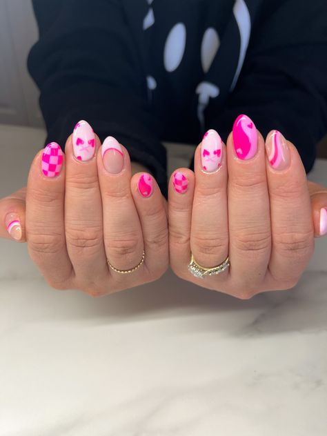 Fun Valentines Nails Acrylic, Valentines Nails Conversation Hearts, Cute February Nails Almond, Almond Nails Designs Valentine, Pastel Valentines Nails, Boho Valentines Nails, Pink Almond Acrylic Nails Designs, February Nail Inspo 2024, Valentines Day Nails Oval