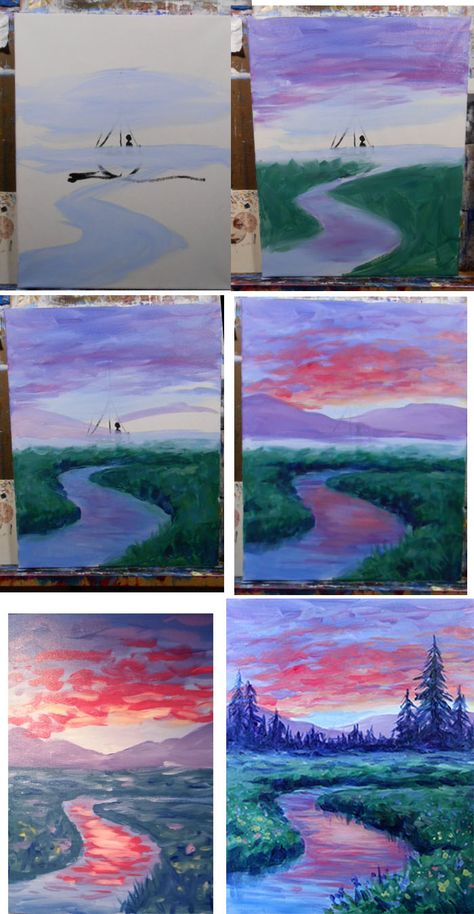 dawn on the meadow process Ako Kresliť, Tutorials Art, Paint Parties, Watercolor Paintings For Beginners, Seni Dan Kraf, Oil Pastel Art, Watercolor Paintings Tutorials, Alphonse Mucha, Night Painting