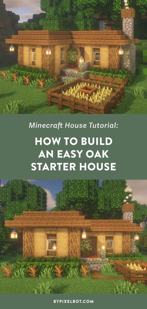 Minecraft: How to Build an Easy Oak Starter House (Simple Survival House) Mc Oak House, Oak And Cobblestone House Minecraft, Basic Mc House, Minecraft Basic House Ideas, Minecraft Houses Cobblestone, Starting Minecraft House, Cute Small Minecraft Houses Easy, Cute Basic Minecraft Houses, Starter Minecraft House Easy