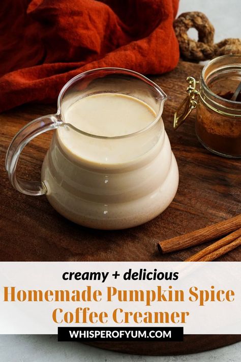 Homemade pumpkin spice coffee creamer made with homemade pumpkin pie spice blend. Whisper Of Yum, Pumpkin Spice Creamer Recipe, Homemade Pumpkin Spice Coffee Creamer, Homemade Pumpkin Spice Creamer, Healthy Coffee Drinks, Pumpkin Spice Coffee Creamer, Homemade Pumpkin Spice Coffee, Pumpkin Spice Drinks, Pumpkin Spice Creamer