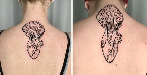 Melted Brain Bat And Fruit Tattoo, Mural Tattoos For Women, Transformative Tattoos, Transforming Tattoos, Moving Tattoos, Moving Tattoo Ideas, Laughs Quotes, Moving On Tattoos, Negative Space Tattoo