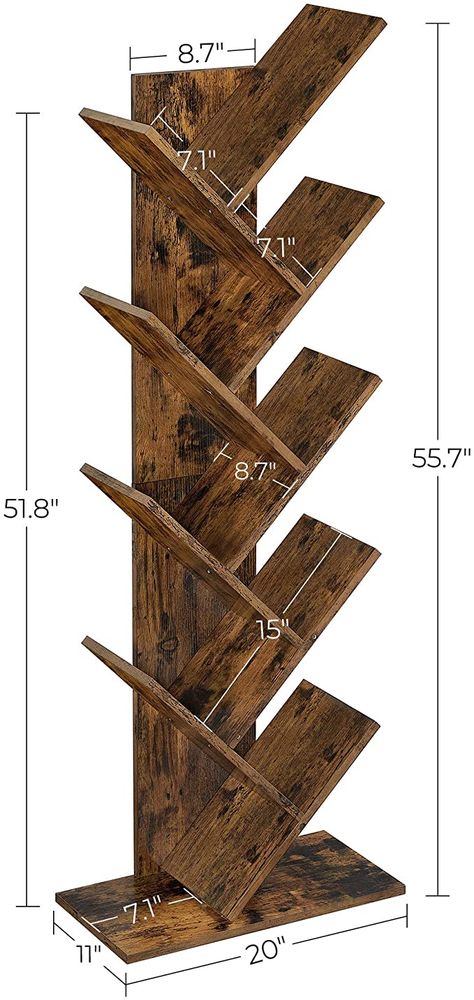 VASAGLE Tree Bookshelf, 8-Tier Floor Standing Bookcase, with Wooden Shelves Rustic Brown ULBC11BX: Amazon.ca: Home & Kitchen Bookcases For Small Spaces, Book Shelf Measurements, Plans For A Tree Bookshelf, Tree Shaped Bookshelf Diy, Tree Shaped Bookshelf, Wood Tree Bookshelf, Bookshelf Woodworking Plans, Standing Bookshelf, Tree Bookcase