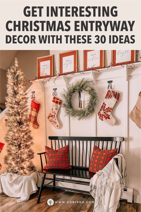 Long Entry Way Wall Decor Ideas, Christmas Decor Ideas For Entryway, Christmas Bench Ideas Front Porches, Entry Way Christmas Decor Ideas, Foyer Christmas Decor Entryway, Entry Way Table Christmas Decor, Entry Way Christmas Decor, Foyer Christmas Decor, Foyer Decor Entryway