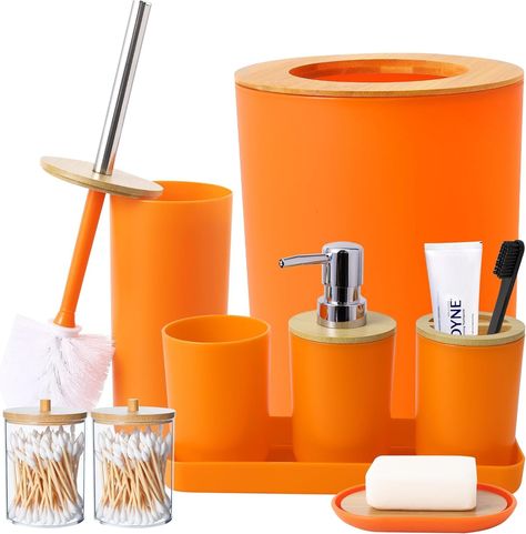 Amazon.com: SLDIYWOW 9 Pieces Orange Bathroom Accessory Set, Plastic Bathroom Accessories Set with Trash Can,Soap Dispenser,Toothbrush Holder,Toothbrush Cup,Soap Dish,Toilet Brush and Q-tip Holders for Bathroom : Home & Kitchen Qtip Holders, Orange Bathroom Accessories, White Bathroom Accessories Set, Ombre Shower Curtain, Q Tip Holder, Bathroom Curtain Set, Orange Bathroom, White Bathroom Accessories, Orange Bathrooms