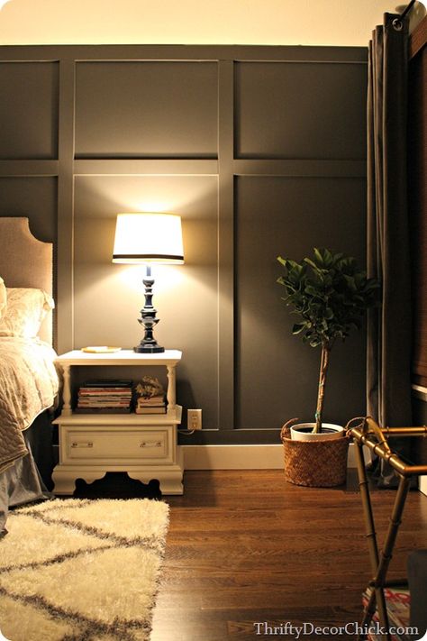 Paint an accent wall dark grey and completely change the feel of your room. Check it out at Thrifty Decor Chick! Grey Accent Wall, Creek House, Thrifty Decor Chick, Bedroom Accent, Accent Wall Bedroom, Board And Batten, Remodel Bedroom, Bed Room, My New Room