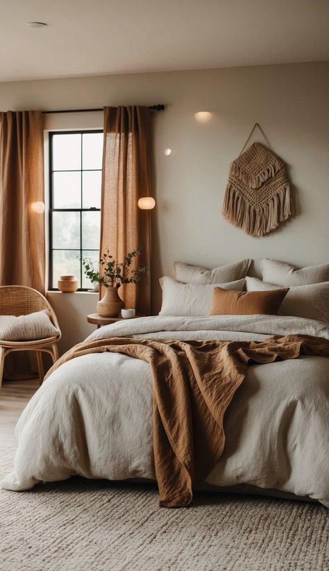 Earthy Bedroom Ideas for a Super Cozy Retreat 3 Earthy Natural Bedroom, Apartment Decor Earth Tones, Green And Brown Bedding, Warm Earthy Bedroom, Tan Bedroom Ideas, Cozy Earthy Bedroom, Bed Linen Inspiration, Tan Bedroom, Earthy Bedroom Ideas