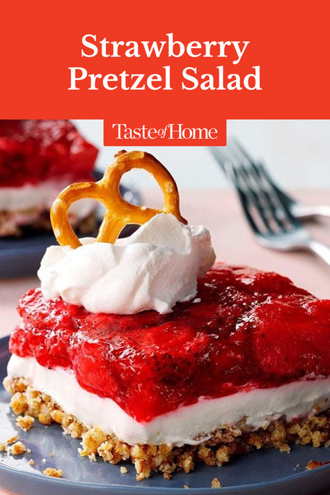 What's a potluck without strawberry pretzel salad? This summer side dish (or should we say dessert?) is definitely a recipe to keep in your back pocket. #strawberrypretzelsalad #desserts #summerdesserts Strawberry Pretzel Dessert Recipe, Strawberry Pretzel Salad With Frozen Strawberries, Pretzel Salads, Strawberry Pretzel Salad Small Batch, Jello Salad Recipes With Cream Cheese Strawberry Pretzel Desserts, Strawberry Pretzel Dessert Taste Of Home, Rasberry Pretzel Dessert Jello Salads, Strawbweey Pretzel Salad, Desert Buffet