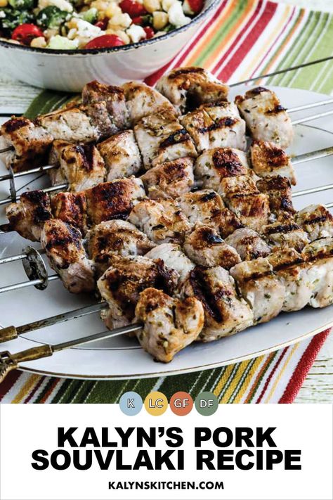 Pinterest image showing six skewers of pork souvlaki on white oval platter on striped napkin. Ham And Cauliflower Casserole, Ham And Cauliflower, Pork Souvlaki, Souvlaki Recipe, Greek Flavors, Cauliflower Casserole, Keto Dinners, Greek Dishes, Meal Deal