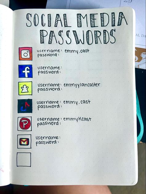 Social Media Passwords, Journal Idea, Bullet Journal, Social Media, Media