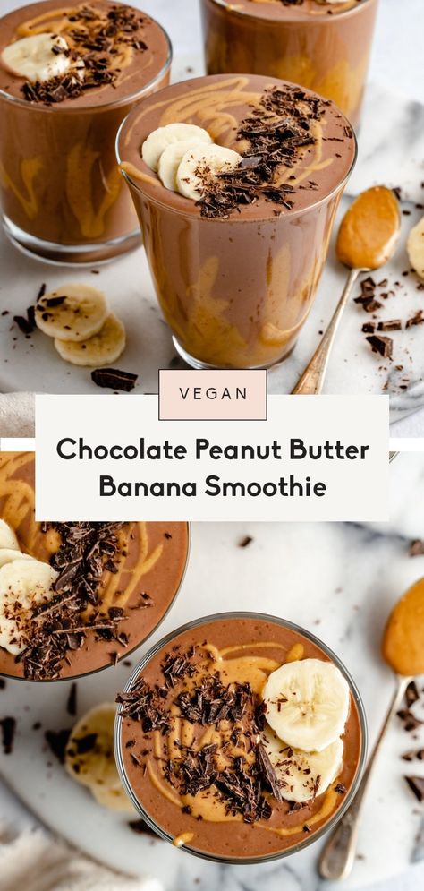 Deliciously creamy chocolate peanut butter banana smoothie that seriously tastes like a Wendy's frosty! This healthy chocolate banana smoothie recipe is made with just five ingredients and is easy to customize with your favorite nutritional boosters. The perfect breakfast, snack or even dessert! #smoothie #banana #peanutbutter #veganrecipe #veganbreakfast #dairyfree #healthybreakfast #healthysnack Smoothie King Peanut Power Plus Recipe, Chocolate Peanut Butter Banana Smoothie, Wendy's Frosty, Smoothie Banana, Healthy Chocolate Banana, Chocolate Banana Smoothie, Chocolate Peanut Butter Smoothie, Peanut Butter Banana Smoothie, Banana Drinks