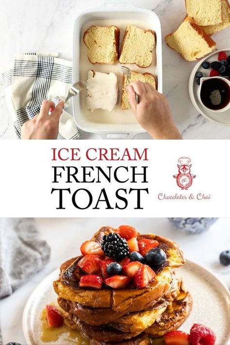 Ice Cream French Toast is the breakfast hack you didn't know you needed. Make restaurant quality French using only 3 INGREDIENTS. And if that doesn't convince you, this indulgent breakfast recipe isn't french toast with ice cream...it's French toast soaked in melted vanilla ice cream! YUM. Easiest Breakfast, Melted Ice Cream, Breakfast Hack, Cream Custard, French Toast Recipe, Best Breakfast Recipes, Ice Cream Flavors, Toast Recipes, The Breakfast