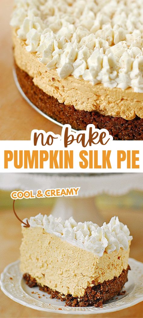 No bake pumpkin silk pie. No Bake Cream Cheese Pumpkin Pie, Pumpkin Silk Pie, Pumpkin Cream Pie Recipe, Pumpkin No Bake, Recipe With Pumpkin, Silk Pie Recipe, Pumpkin Cream Pie, Pumpkin Dessert Recipes, Pumpkin Cream Cheese Pie