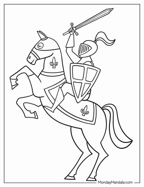 20 Knight Coloring Pages (Free PDF Printables) Medieval Coloring Pages Free Printable, Knight Coloring Pages Free Printable, Middle Ages Coloring Pages, Medieval Coloring Pages, Knight Coloring Pages, King Coloring Page, Knight Birthday Party, Unusual Wall Art, Kids Castle