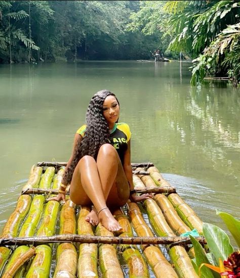 Jamaica Black Girls Trip, Jamaica Bathing Suit, Jamaica Trip Outfits Black Women, Bamboo Rafting Jamaica Pictures, Jamaica Raft Pictures, Jamaica Black Women, Jamaica Photoshoot Ideas, Jamaica Picture Ideas, Jamaica Trip Black Women