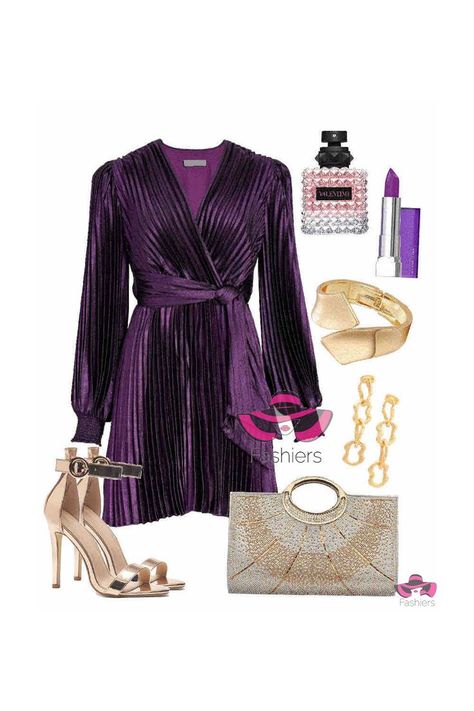 Evening look! purple pleated wrap mini dress gold high heel sandals gold clutch bag and gold bracelet with gold drop earrings #eveningoutfit #eveningstyle #pleateddress #goldshoes #clutchbag Pleated Dresses Outfit, Gold High Heel Sandals, Gold Clutch Bag, Wrap Mini Dress, Sandals Gold, Gold Clutch, Dress Gold, Fashion Styling, Evening Outfits