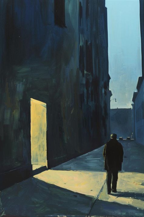 The artwork 'Alleyway at 3 AM' stands as a profound homage to the evocative style of Edward Hopper, an iconic figure in American realism whose works capture the essence of solitude and introspection. This piece, rendered on high-quality canvas, encapsulates the stillness of an urban landscape at night, where a solitary man stands before a single door, embodying the isolation that often permeates urban existence. Through its meticulous attention to detail and atmosphere, the artwork invites viewers to reflect on the complexities of modern life, loneliness, and the often-unseen stories that unfold in the quiet corners of a city.  The artist employs a rich palette of muted colors that evokes a sense of calm yet lingering tension, characteristic of Hopper's iconic nighttime scenes. The interpl Edward Hopper Paintings Artworks, Interior Oil Painting, Stillness Aesthetic, Construction Artwork, Hopper Artist, Edward Hopper Art, Landscape At Night, Edward Hopper Paintings, Retro Hotel