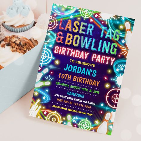 Neon Glow Laser Tag And Bowling Birthday Party Invitation #zazzle #weddinginvitations #birthdayinvitations #babyshowerinvitations #zazzleinvitations #monogram #businesscards #graduation #homedecor Glow Dance Party, Neon Arcade, Laser Tag Invitations, Glow Dance, Bowling Birthday Party Invitations, Arcade Party, Bowling Party Invitations, Gaming Birthday, Gaming Party