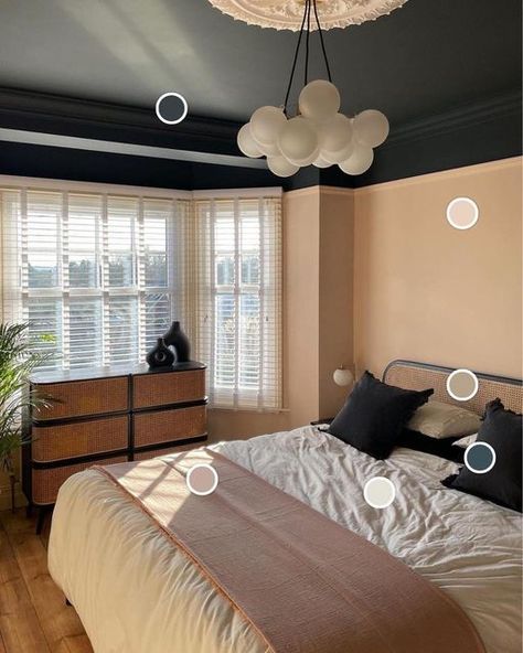 Lick on Instagram: "A contemporary, cosy bedroom using warm but dusty shades of pink, paired with bold black (hello, painted ceiling) and dark blue accents, bringing in earthy neutrals through the furnishings to balance and soften the space. Swipe to see the room-inspired colour palette created using our Lick Colours tool for Pinterest - try it out via the link in our bio or head to lick.com/colours. Beautiful bedroom makeover by @megovation using our new grey-based #Black04 on the ceiling p Colored Ceiling Bedroom, Blue Ceiling Bedroom, Neutral Bedroom Paint, Pink Bedroom Accessories, Warm Bedroom Colors, Earthy Neutrals, Bedroom Colour Palette, Cosy Bedroom, Bedroom Wall Colors