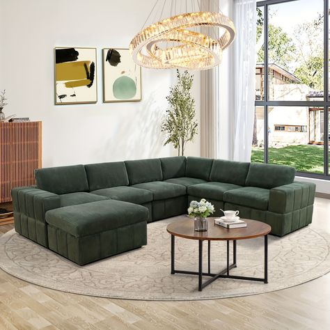 Green Sectional, Sofa Sectionals, Corduroy Sectional, Oversized Sectional Sofa, Sectional With Ottoman, Green Corduroy, 3 Piece Sectional, Modular Sectional Sofa, Types Of Sofas