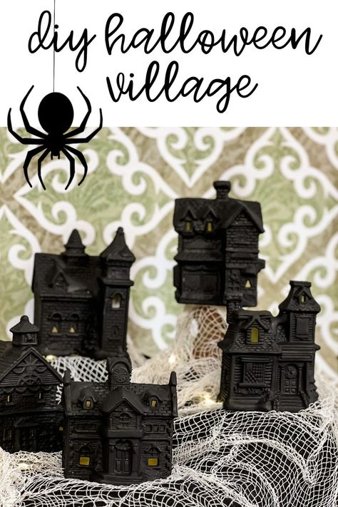 how to make a halloween village Christmas Village Turned Halloween, Spooky Village Diy, Diy Halloween Town Display, Halloween House Village, Diy Halloween Village Houses, Halloween Village Diy, Christmas Village Makeover, Halloween Decor Dollar Tree, Diy Haunted House