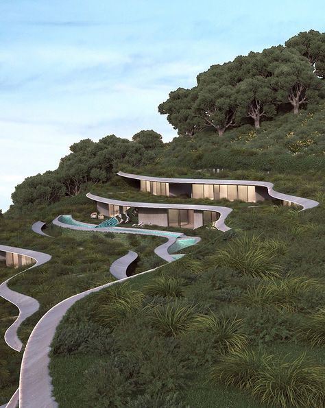 Gods and Dreams Resort Inspired by the Topography | themindcircle Architecture In Topography, Hillside Building Architecture, Pool House Architecture, Architecture On A Slope, Building On Slope, Slope Architecture Concept, Modern Resort Design, House In A Hill, Architecture Topography