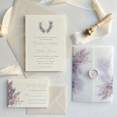 Printed Semi-Custom Wedding Invitation | Lilac Wedding Invite | Lilac Vellum Jacket | Wax Seal | Lavender Purple Wedding Stationery https://etsy.me/3IeIofF #lilacwedding #lilacinvitation #wedding #floralinvitation #lavenderwedding #purplewedding #invitations Lilac Wedding Themes, Lavender Purple Wedding, Spring Wedding Theme, Lilac Wedding Invitations, Light Purple Wedding, Lila Party, Lavender Wedding Theme, Vellum Jacket, Lavender Wedding Invitations