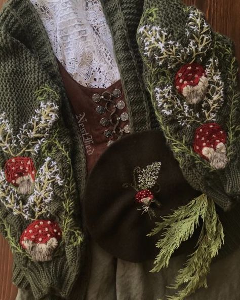 Anne Of Ingleside, Knit Cottagecore, Mushroom Outfit, Cottagecore Cardigan, Forest Clothes, Pretty Cardigans, Patchwork Knit, Cottagecore Clothes, Kei Fashion