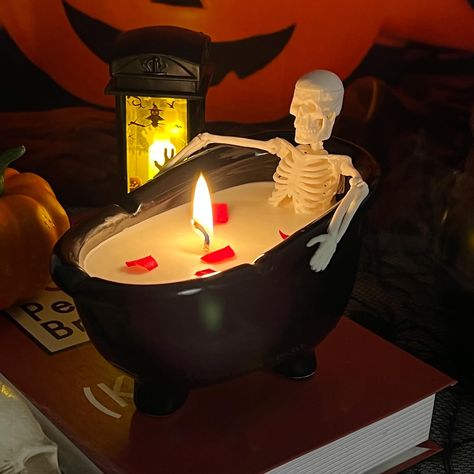 PRICES MAY VARY. [Spooky and Detailed Design]: Searching for a standout piece for your Halloween party? Look no further! This unique Halloween candle features a scary and intricately detailed skeleton enjoying a “milk bath” with rose petals. (Note: The milk bath is made of soy wax, not real milk.) When lit, the skeleton lounging in the adorable bathtub creates a romantic yet eerie atmosphere, perfect for any Halloween-themed event. [Adorable and Frightening Original Design]: Our newly designed g Cheap And Easy Halloween Decorations, All Black Halloween Decor, Halloween Candle Ideas, Spooky Room Decor, Stylish Halloween Decor, Halloween Bedroom Decor, Specialty Candles, Halloween Bathroom, Halloween Room Decor