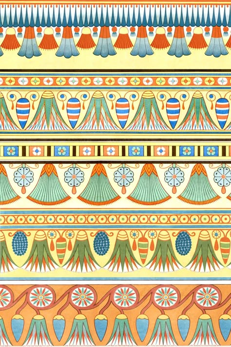 Discover a fantastic collection of twelve Egyptian Border Designs in wonderful colors. These flowered friezes were found painted inside of Egyptian tombs. Painted Borders Ideas, Colored Border Design, Egyptian Motifs Design Ancient Egypt, Egyptian Flower Tattoo Ancient Egypt, Ancient Egyptian Patterns, Egyptian Motifs Pattern, Egyptian Folk Art Motifs, Egyptian Border Design, Egyptian Pattern Design