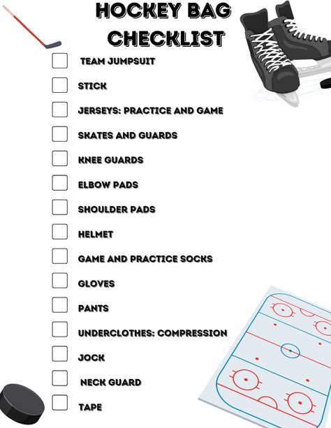 🏒 Get your athlete ready for the game with this comprehensive hockey bag checklist! 🥅 Whether they're hitting the ice or practicing their skills, make sure they have all the essentials. From skates, jerseys, this checklist has got you covered! 🏒⛸️ Field Hockey Tips For Beginners, Hockey Tournament Packing List, Ice Skating Essentials, Hockey Gear Checklist, Ice Skating Bag Essentials, Hockey Tryouts, Hockey Rules For Dummies, Hockey Training Aids, Hockey Game Outfit